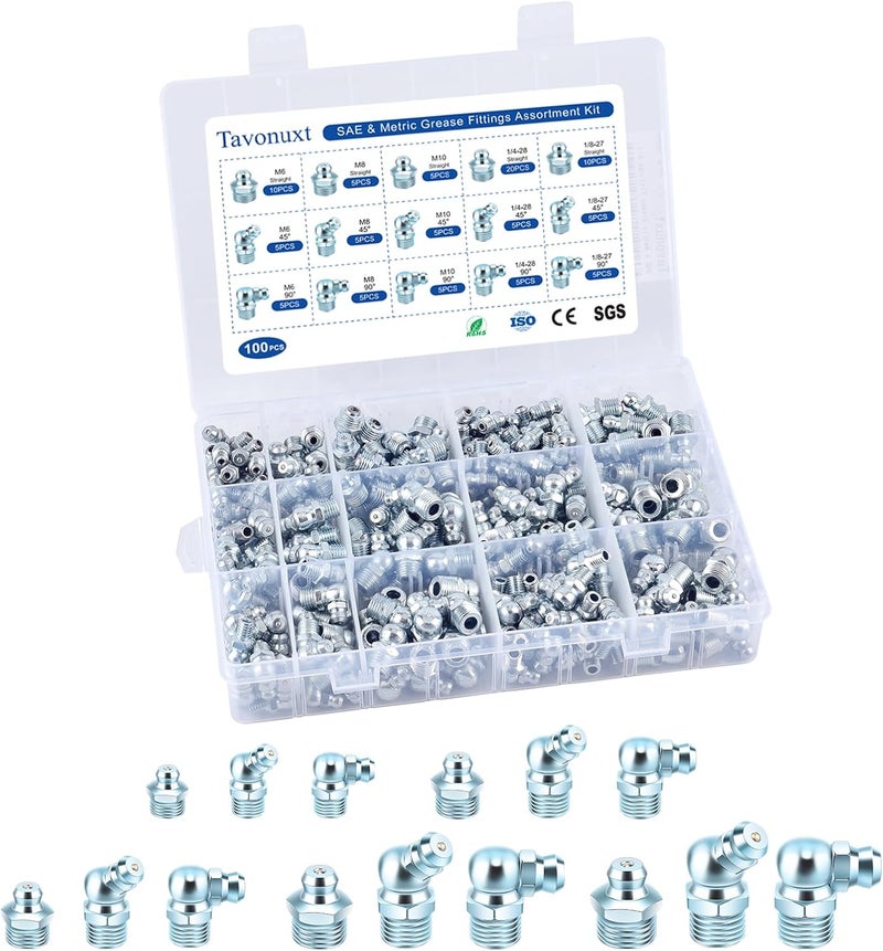 TAVONUXT 100 PCS SAE & Metric Grease Fittings Kit - Hydraulic Zerk Assortment 1/4" 1/8" M6 M8 M10 with Straight, 45°, and 90° Degree Heads for Automotive and Industrial Use, Galvanized Steel Set - Image 1
